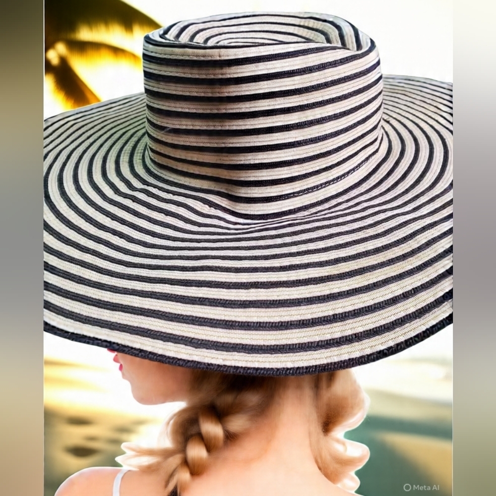 Black and Cream Striped Wide Brim Hat